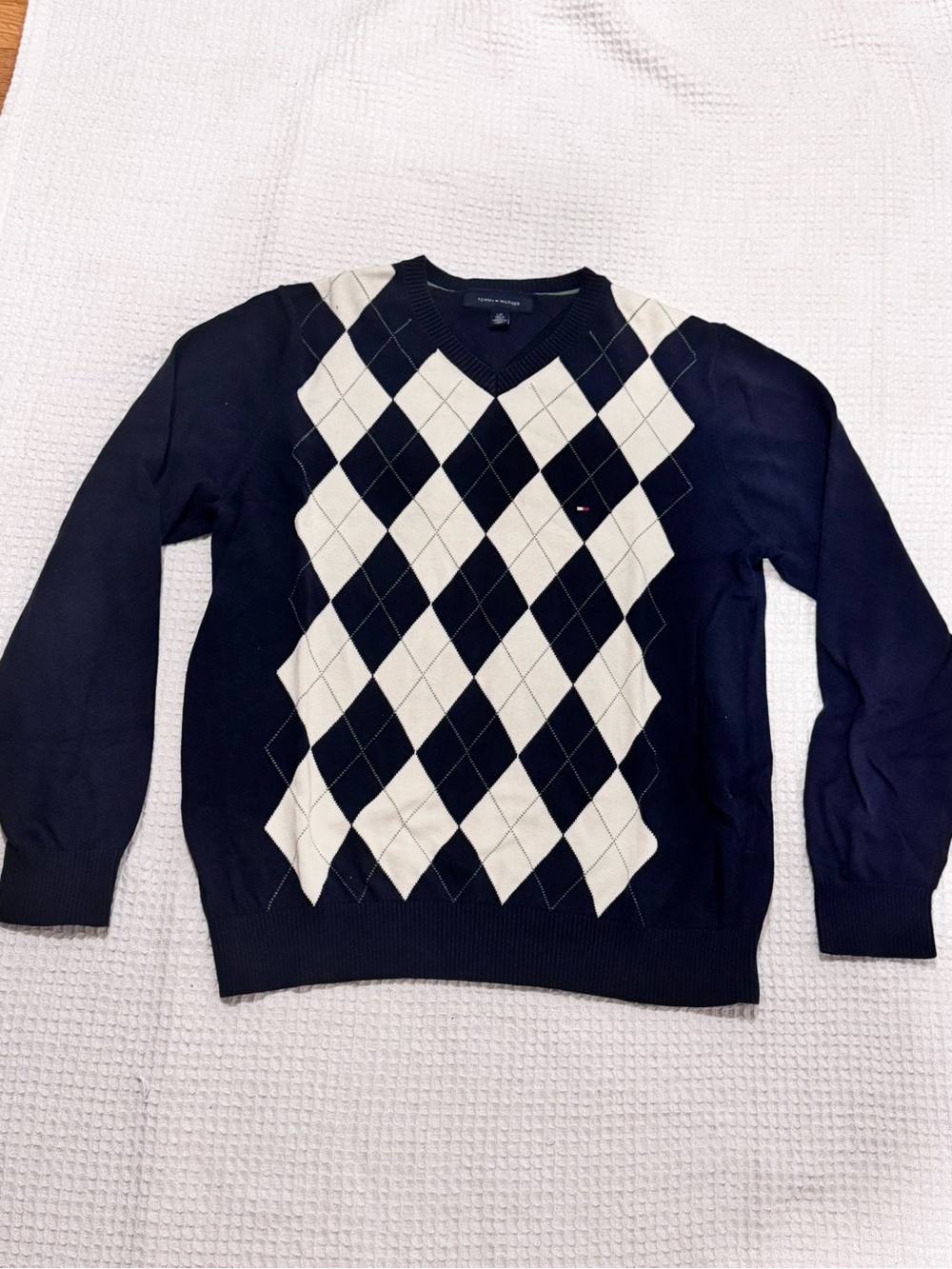 Tommy Hilfiger Navy and Cream Argyle V-Neck Sweater